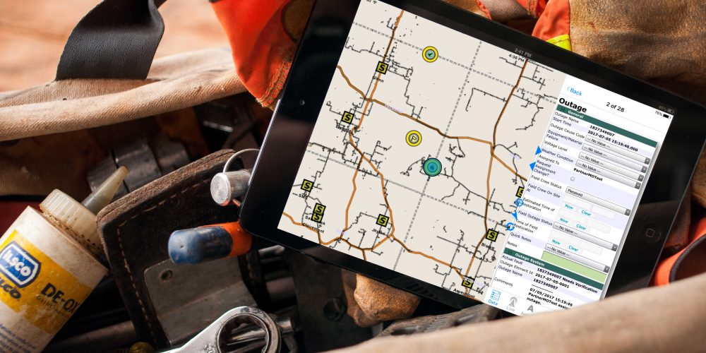 Data on a tablet in a lineman's utility tools.