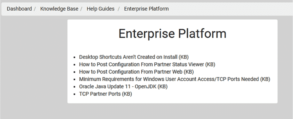 Enterprise Platform  with results are selected. Bullet points display Desktop Shortcuts Aren't Created on Install, How to Post Configuration from Partner Status Viewer, etc...