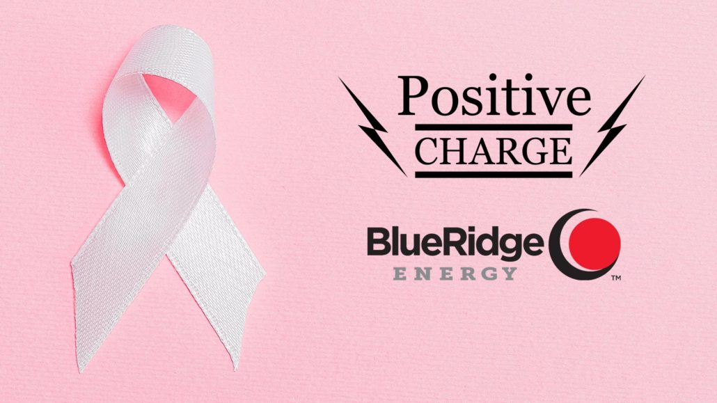 A pink breast cancer awareness ribbon with the Pistivie Charge and Blue Ridge Energy logos